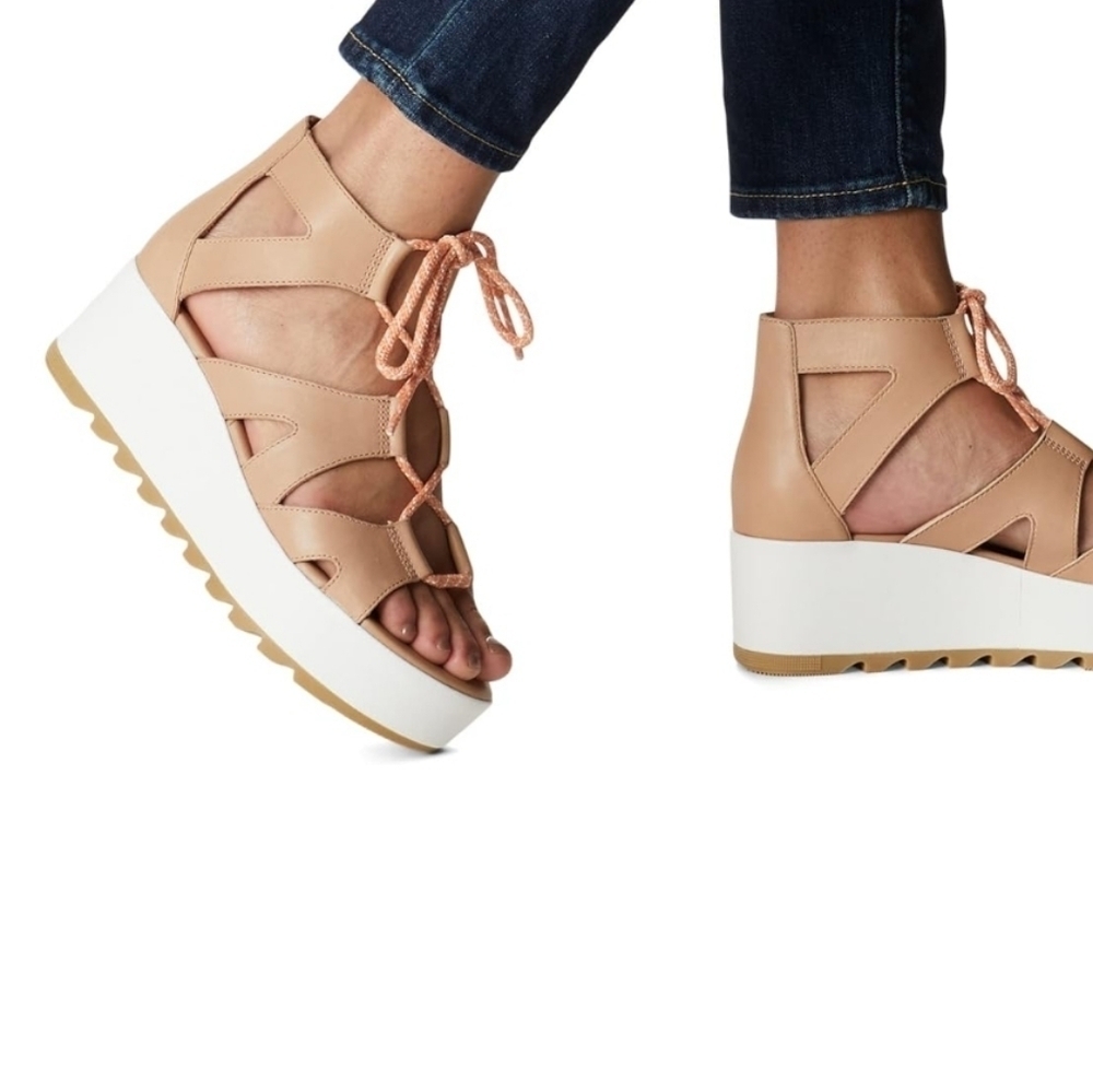 Sorel Cameron Flatform Lace Wedge Sandal Honest Beige Gum NEW